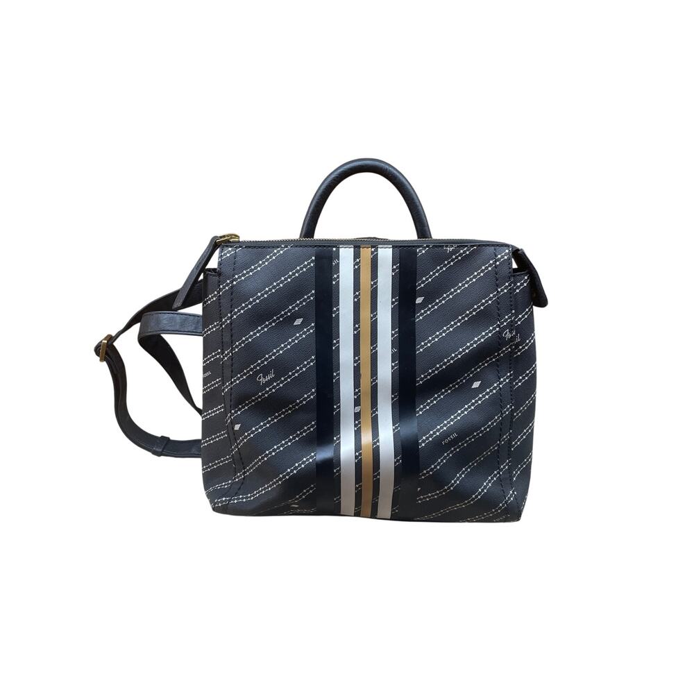 Fossil Backpack Bag Purse Black Faux Leather Trim Stripe Print Zip Logo